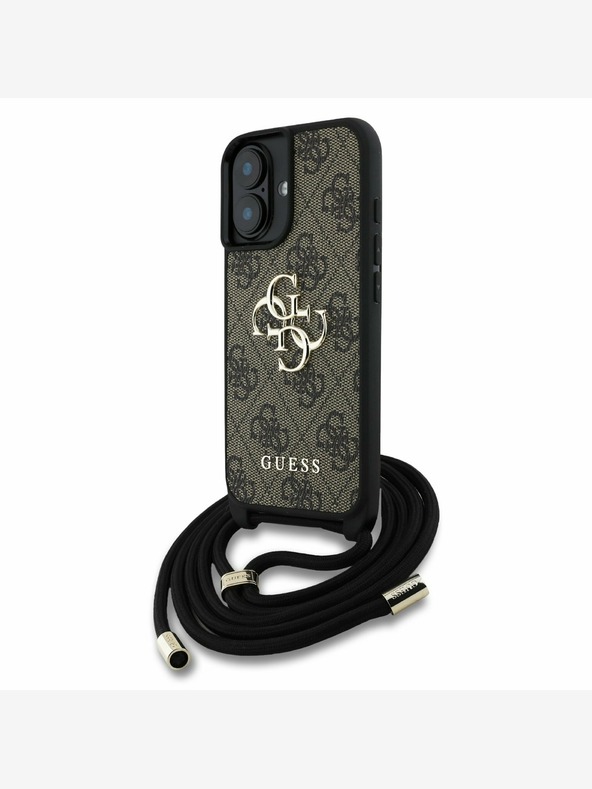 Guess PU 4G Metal Logo Crossbody Popruh Zadní Kryt pro iPhone 16 Brown Etui za telefon