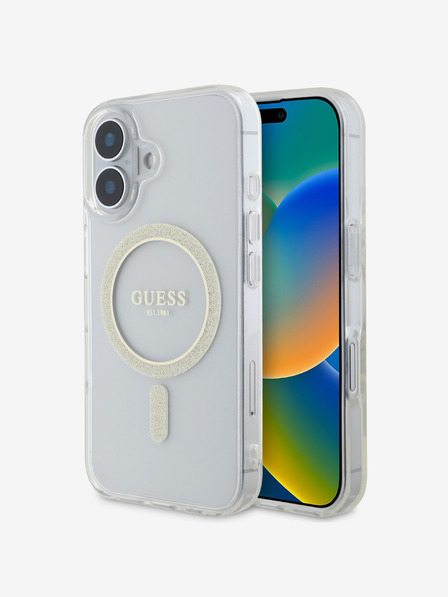 Guess IML Glitter Ring MagSafe Zadní Kryt pro iPhone 16 Plus Transparent Etui za telefon