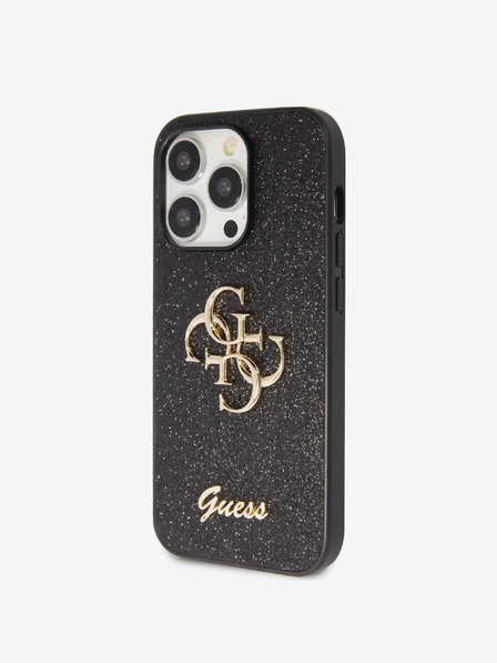 Guess PU Fixed Glitter 4G Metal Logo Zadní Kryt pro iPhone 15 Pro Max Black Etui za telefon