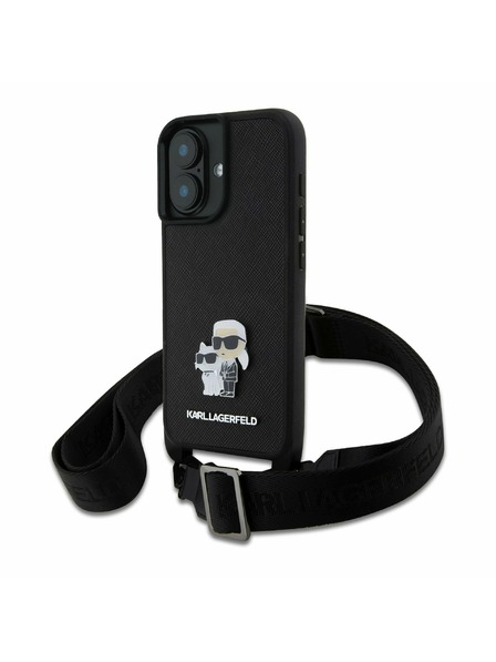 Karl Lagerfeld Karl Lagerfeld Saffiano Križni remen Metal Karl and Choupette Stražnji poklopac za iPhone 16 Plus Crni