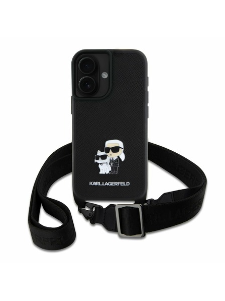 Karl Lagerfeld Karl Lagerfeld Saffiano Križni remen Metal Karl and Choupette Stražnji poklopac za iPhone 16 Plus Crni